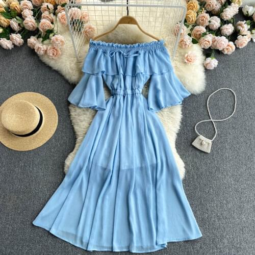 FMFSSOM Off Shoulder Solid Color Women Dress Sexy Slash Neck Short Sleeve A-line Ruched Dresses Summer Bohemian Beach Dress