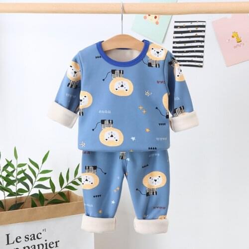 Childrens Thermal Underwear Sets 2-8y Baby Thicken Plus Velvet Girls Long Sleeve Clothes Suit Boys Pullover Warm Pajama Garment