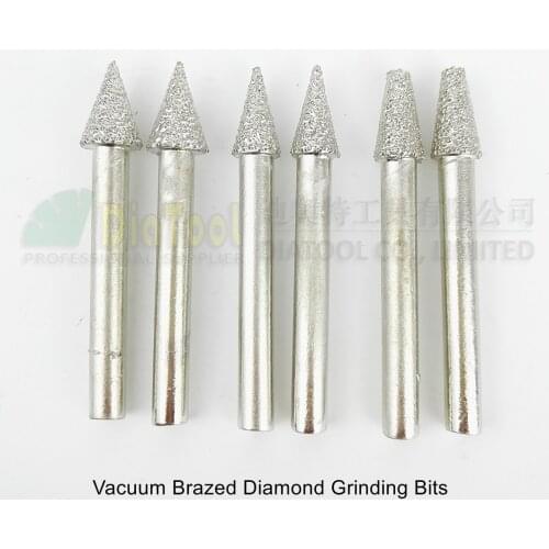 DIATOOL 6pcs Vacuum Brazed Diamond Grinding Bits Mounted Points Shank 6mm Carving Grinder Cone Type Grinding Head #18/19/20