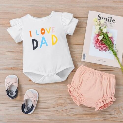 Baby Girls 2Pcs Romper Set Short Sleeve Letter Printed Jumpsuit with Solid Color Ruffled Triangle Shorts Summer Clothes