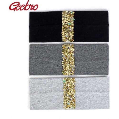 Geebro Fashion Women Gold Rhinestones Ribbon Headbands Casual Elastic Cotton Head Wrap Hair Accessories Party Head Bands Turban