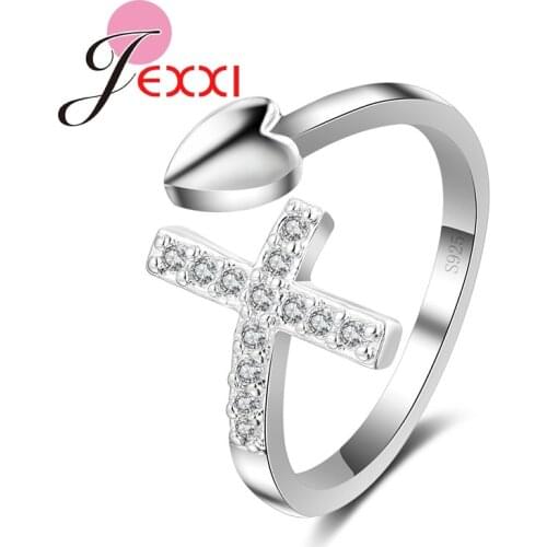 Hot Selling 925 Sterling Silver Cross Heart Open Adjustable Rings Women Zircon Stone Jewelry Fashion New Year Gif