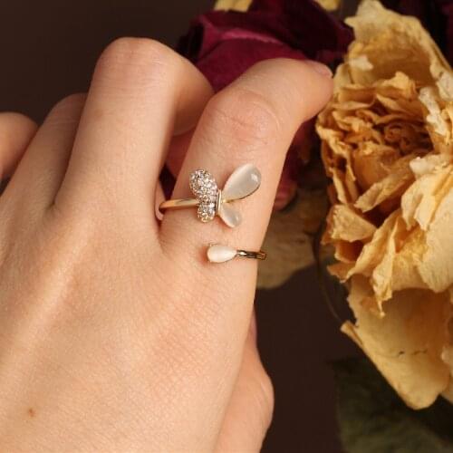 Korean New Fashion Jewelry Exquisite Copper Inlay Zircon Butterfly Butterfly Opal Female Opening Adjustable Index Finger Ring