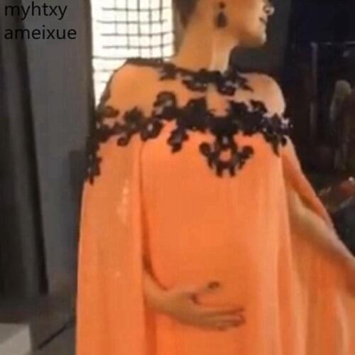 New Cheap Chiffon Muslim Orange Eevent Vening Dress 2020 Black Lace Appliques Gown Pregnant Formal Women Elegant Robe De Soiree