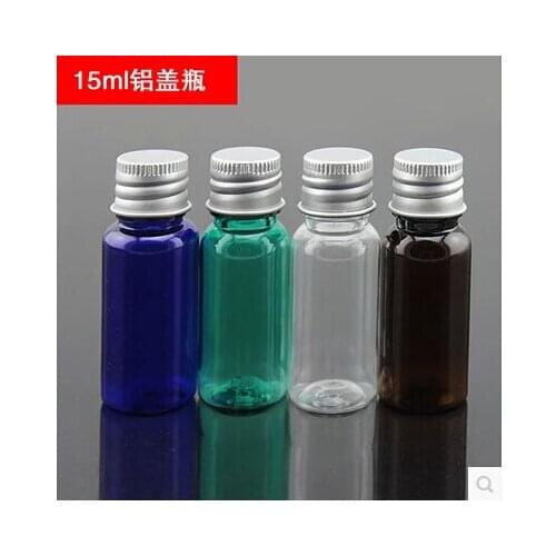 Wholesale 4 Colors 15ml Aluminum Bottle Cap Bottle PET Plastic Cosmetic Packaging Small Sample Bottle