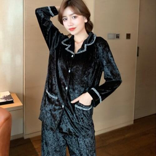 Autumn Gold Velvet Womens Pajamas Set Simplic Warm Sleepwear Lace Lady Homewear Soft Lounge Suits Winter Casual Female Pajama