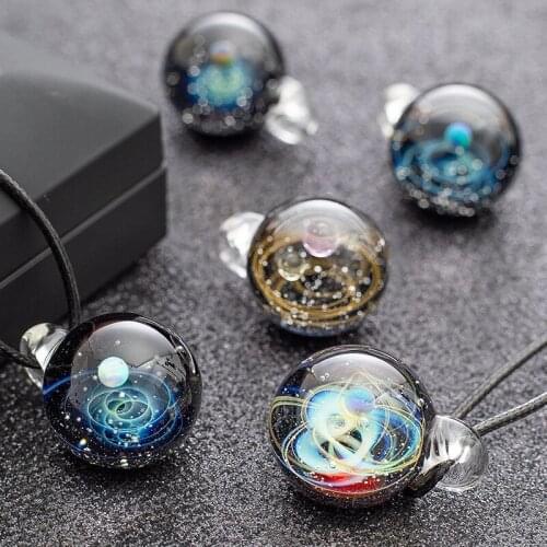 Galaxy Necklace for Women Glass Pendant Necklaces Starry Ball Universe Starry Spherical Pendant Rope Chain Bijoux Femme