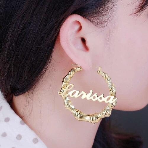 Personalized Hiphop Sexy Bamboo Hoop Earrings For Women Copper Custom Name Earrings Bamboo Style Stud Jewelry Statement Gift
