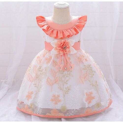 2021 Infant Baby Girls Flower Dresses Christening Gowns Newborn Babies Baptism Clothes Princess Tutu Birthday Pink Bow Dresses