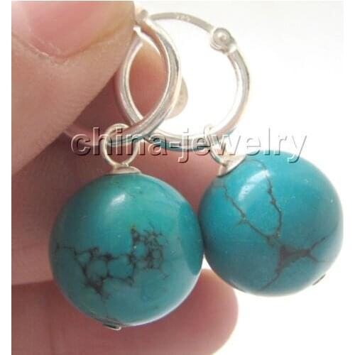 Hot sale Beautiful 14mm natural round turquoises earring - 925 silver hoop