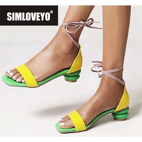 SIMLOVEYO New 2021 Women Sandals Open Toe 4cm Strange Heels Lace-Up Patent Leather Pacthwork Big Size 34-43 Casual Date A3893