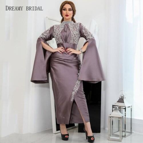 Sexy Slits Celebrity Dreses Straight Puffy Sleeves Heavy Beading Satin Custom Made Oscar Red Carpets Gowns