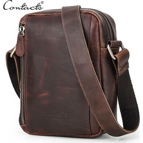 CONTACTS NEW Crazy Horse Leather Messenger Bag for Men Quality Purse and Crossbody Bags Luxury Brand Male Shoulder Bag Bolsos