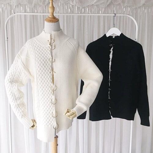 High Neck Irregular Sweater 2021 Autumn Winter Twist Texture Metal Buckle Loose Pullover Knitwear Korean New Fashion