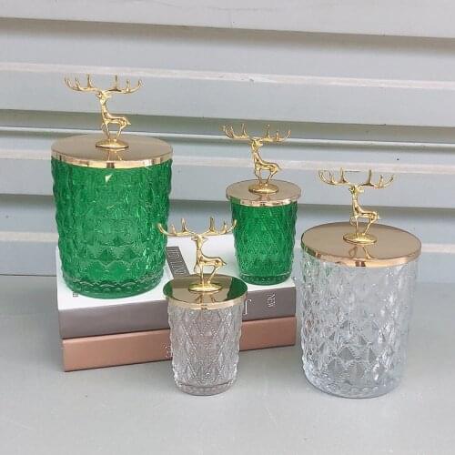 Creative Deer Head Crystal Glass Candy Jar Green/Transparent Color Storage Jar Delicate Cotton Swab Aromatherapy Jar Decoration