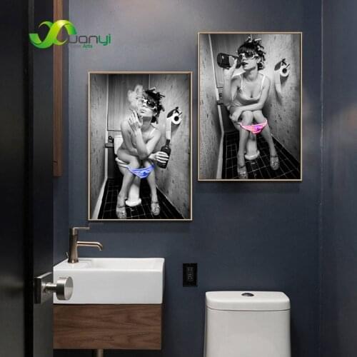 Vintage Poster Smoking Drinking Sexy Beauty Black And White Woman Toilet Home Wall Decoration Modern Canvas Painting Art Print