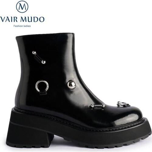 VAIR MUDO Women Ankle Martin Boots Shoes Thick Bottom Round Toe Black Elegant Fashion Genuine Leather Footwear PlatformWM-X291-C