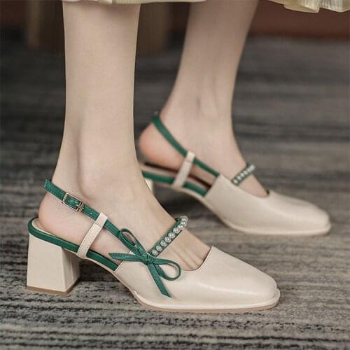 Plus Size Women Sandals Square Toe High Heels Dress Shoes Bead Parls Pumps Back Strap Ladies Shoes Slingback zapatos mujer 9258N