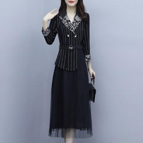 Womens Stripe Mesh Office Ladies Dress 2021 Autumn Long Sleeve Patchwork Party Cocktail Business Work Slim Casual Loose Dresses