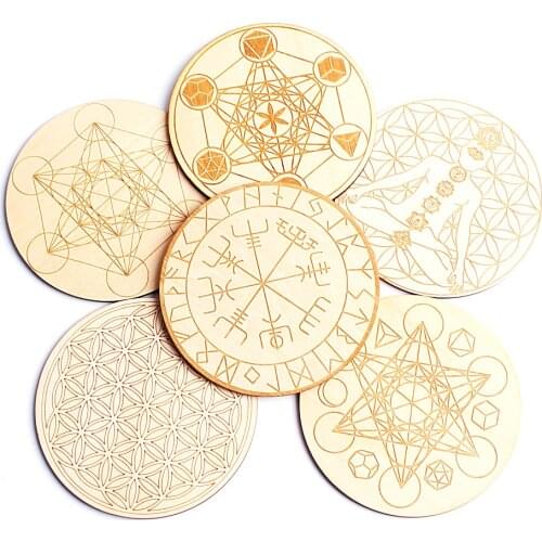 1PC Natural Carved Chakra Round Wood Slices Reiki Flower of Life Coaster Divination Hexagon Wooden Board Healing Gift