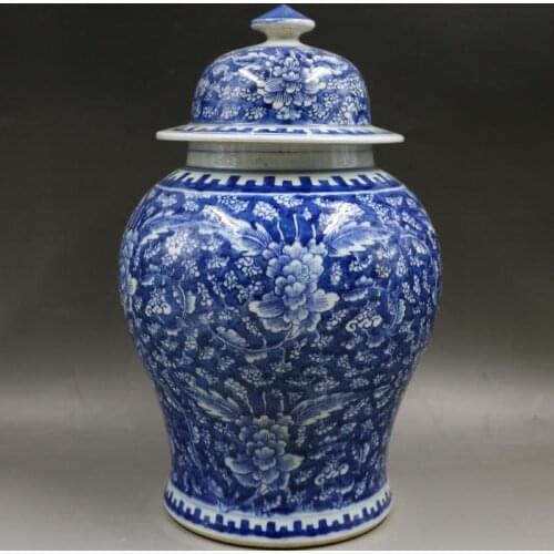 Ming Dynasty Blue And White Ground Peony Pattern Ginger jar Pot Old Collection Hand Painted Home Decoration ceramic temple jar
