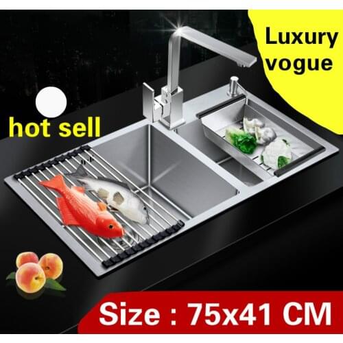 Free shipping Apartment kitchen manual sink double groove do the dishes 304 stainless steel hot sell vogue 75x41 CM