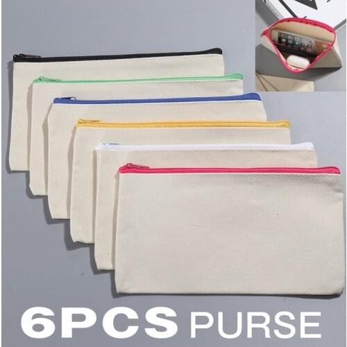 6PCS Canvas Pencil Case Student Pen Storage Bag Cosmetic Makeup Zip Bag Cosmetic Pouch DIY Craft Bags Office School Supplies