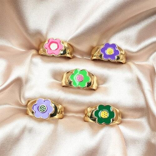 Delicate Colorful Enamel Flower Rings for Women Shiny Gold Ring Personality Open Cuff Adjustable Ring Wedding Party Jewelry Gift