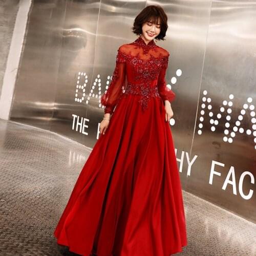 Chinese Wedding Toast Dress Evening Dress Elegant Standing collar Appliques Wedding Dress Long Evening Dress XS-2XL