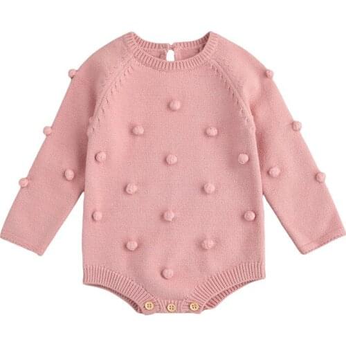 0-24M Infant Baby Girls Knitted Solid Color Long Sleeve O-neck Jumpsuit Balls Spring Toddlers Romper