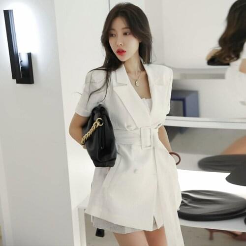 New Fashion Women Streetwear Casual Professional Summer Short Sleeve Double Dreasted Sashes Pockets Coat Loose Thin Suit Jacket