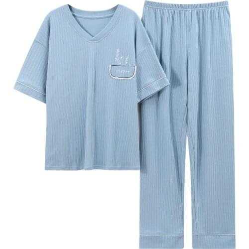 Summer Autumn New Fashion Ladies Cotton Short Sleeve Nightdress Pajamas Trouser Suit Thin Section Home Service Set Woman Clothes