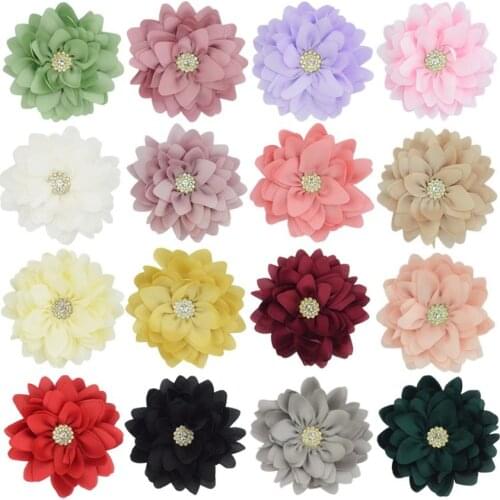Hot Sale 3.15 inch New Kids DIY Chiffon Flowers 50pcs/lot Alloy Centre Flowers WITHOUT CLIP For Girls Headwear Free Shipping