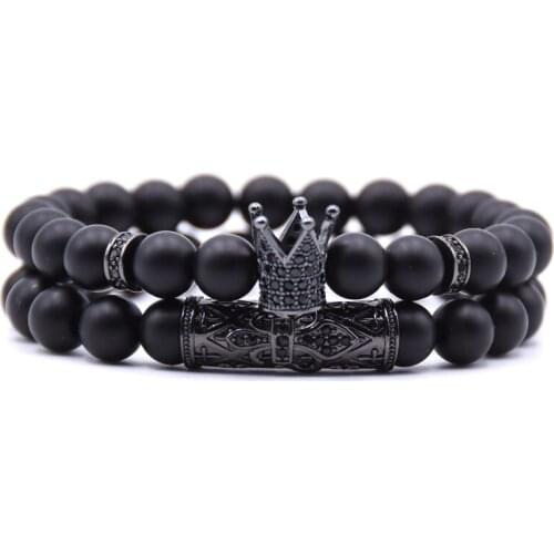 Hot Sale 2Pcs/Set Retro Crown Charm Mens Bracelet 8MM Natural Frosted Stone Bracelet Mens 2021 Fashion Jewelry