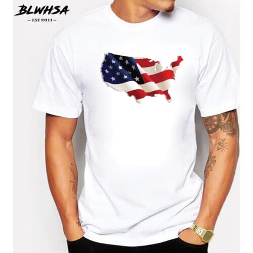 BLWHSA 3D America Flag Map Print Men T-shirt Short Sleeves Male White Cotton Mens Tee O-neck Summer T Shirt Fit Vetement Homme