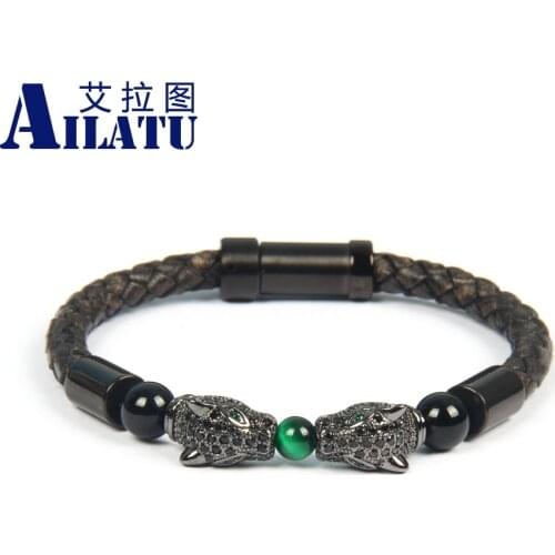 Mens Luxury Double Panther Bracelets Stainless Steel Clasp 6mm Cowhide Leather Leopard Bangle Drop Shipping