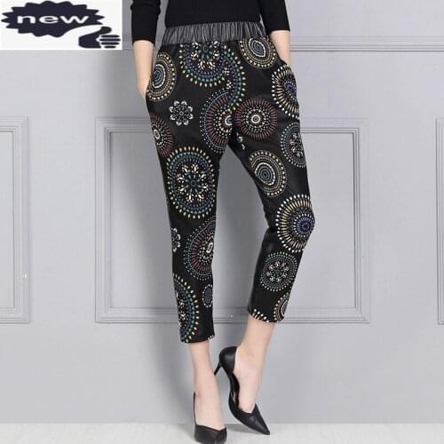 Genuine High Waist Harem Pencil Pants Women Fashion Printing Ankle-Length Sheepskin Real Leather Brand Luxury Trousers