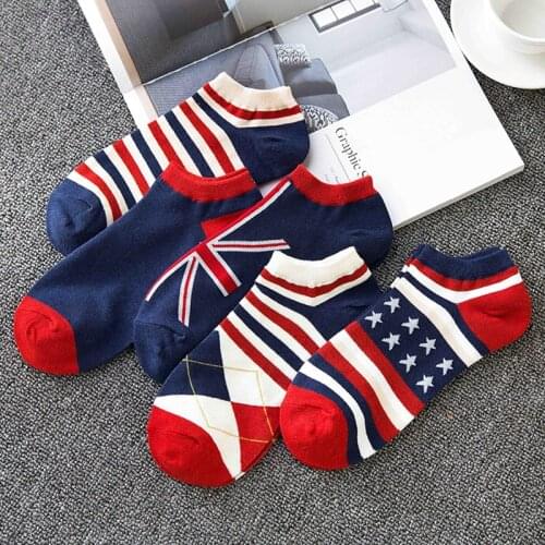 5 Pairs Mens Fashion National Flag Cotton Socks Slippers Breathable Male Non-Slip Invisible Boat Socks Striped Ankle Sox Meias