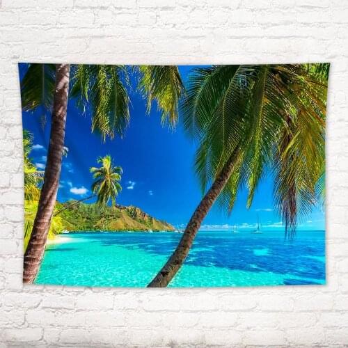 Ocean Beach Landscape Tapestry Tropical Island Palm Tree Leaves Wall Hanging Tapestry Curtain Home Decor Beach Mat Tablecloth