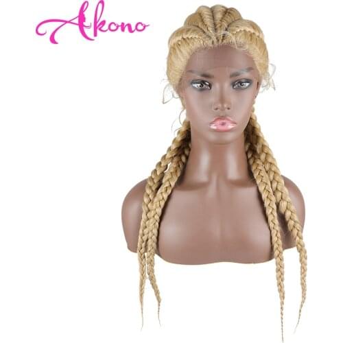 Akono Braided Wigs for Black Women 26 inches Synthetic Lace Front Wig Box Braid Wig Baby Hair Afro American Womens Cornrow Wigs