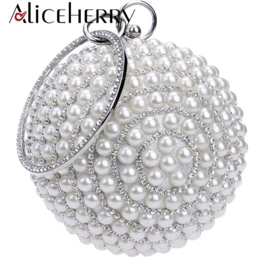 Luxury Handbags Women Bags Designer Full Diamond Pearl Evening Bags Chain Wedding Party Bag Women Round Clutch Handbag and Purse