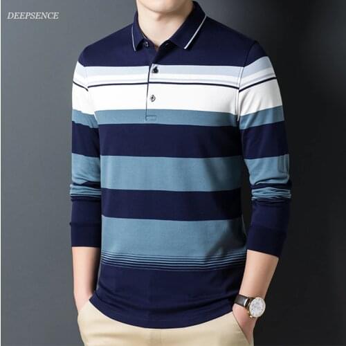 Men Long Sleeve Polo Shirt T-shirt Pure Cotton Slim Striped Lapel Men Top T-shirt Casual Fashion Business Polo Shirt
