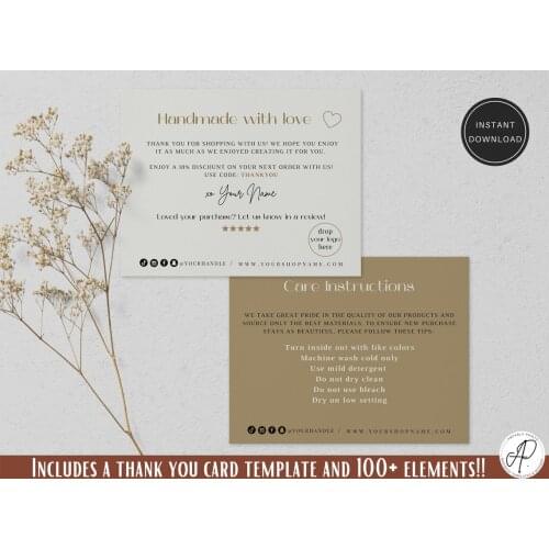 Small Business thank you card template, care instructions card, Thank you for your order card, Digital Download