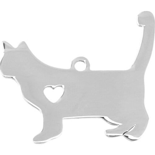 Simsimi long tail cat jewelry Stainless steel Pendant with heart cat pet ID blank dog tag for print Mirror polish 10pcs