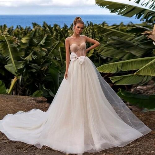 Tulle Beach Wedding Dress A Line Simple Scoop Boning Pearls Illusion Back Court Train Bridal Gowns with Handmade Bow