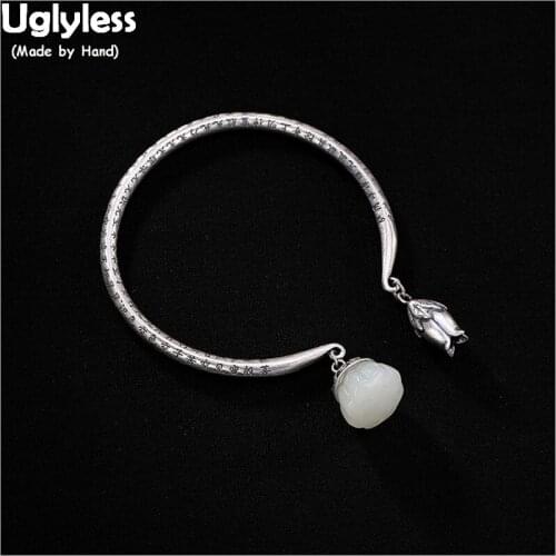Uglyless Real Natural Jade Lotus Open Bangles for Women Solid 925 Silver Lotus Flower Charm Bracelet Heart Sutra Buddhism Bangle