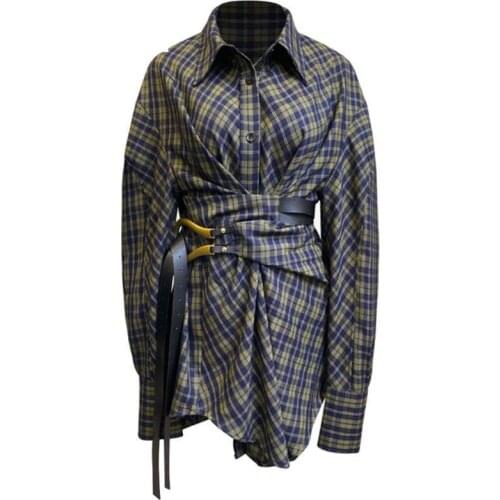 YuerWang Women shirt blouse Vintage plaid shirts long women shirt Bandage Long Sleeve designer shirt women casual top plus size