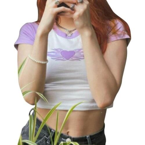 Womens Round Neck Crop Tops Short Sleeve Heart Flame Print Slim Fit Raglan T-Shirts