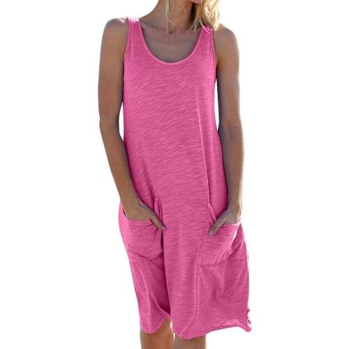 Women Casual Solid Color Sundress O Neck Sleeveless Pockets Loose Beach Dress