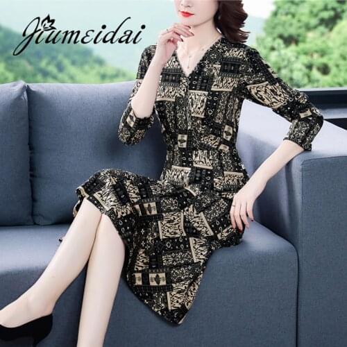 JiuMeiDai Women A-Line Casual New Dress Office Lady Elegant Printed Sexy Dresses Female V-Neck Vintage Party Clothing Plus Size